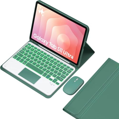 EHLCYS Coque Clavier pour Samsung Galaxy Tab S11 Ultra 5G 14,6 Pouces, 2025 (SM-X930/X936B), AZERTY Clavier avec Pavé Tactile Détachable Rétroéclairé 7 Couleurs Et Souris Intégrée,Vert