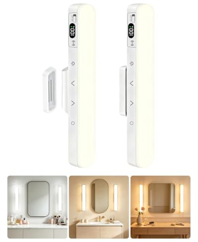 Lamptobe Makeup Mirror Light Stick On Mirror with Battery Level Display 2PC | Vanity Lights Bar Rechargeable Make Up Light with Remote Magnetic Dressing Table Lights with 5 CCT&Dimmable for Bathroom