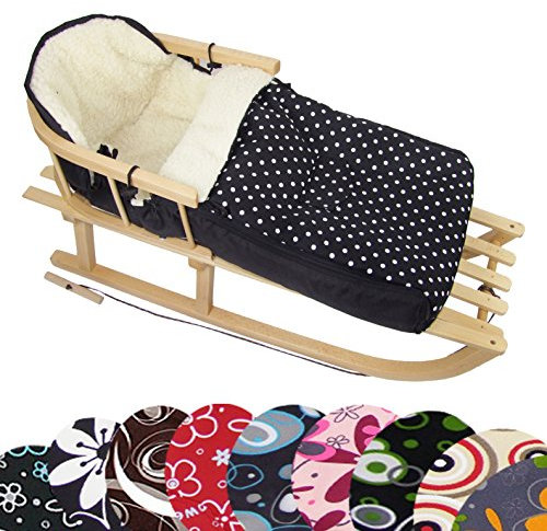 Rawstyle *Kombi-Paket* Holz-Schlitten mit Rückenlehne & Zugseil + universaler Winterfußsack (90cm) Lammwolle, auch geeignet für Babyschale, Kinderwagen, Buggy (Schwarz + Weiße Blumen)