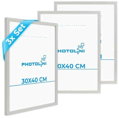 PHOTOLINI Bilderrahmen 30x40 Holz MDF Silber, 3er Set Bilderrahmen 40x30 cm, Picture Frame mit bruchsicherem Acrylglas, Rahmen 30 x 40 zum Aufhängen, extra Zubehör - Rahmen 30x40 für Fotos & Poster
