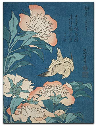 Bilderdepot24 Kunstdruck Poster - Katsushika Hokusai Pfingstrosen und Kanarienvogel 60x80 cm ca. A1 - Alte Meister Bild ohne Rahmen