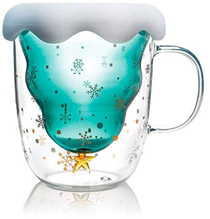 WEKNOWU Christmas Tree Double Layer Glass Tea Cup Coffee Mugs 10oz with Lids, Xmas Gift for Women Grandma Mom Female Friend Teachers