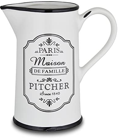 for friends Krug für 1 Liter Wasser & Getränke, Französischer Krug Paris Line in Schwarz & Weiß mit Aufdruck PITCHER, Wasser Karaffe rund aus Steingut mit Griff im Shabby Chic Look