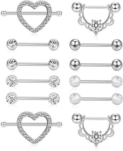 LOLIAS 12 STÜCKE Edelstahl Piercing Brustwarzenpiercing Zungenringe für Damen Mädchen Nippel Piercing CZ Nipplerings Herzform Barbell Helix Piercing Schmuck 14G Silber/Rose Gold
