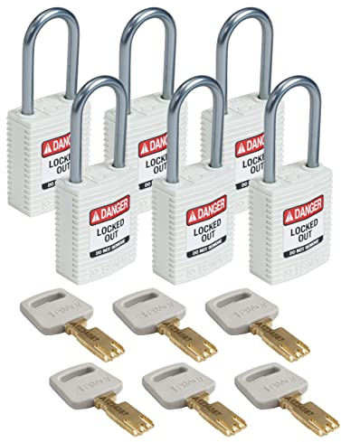 Brady (CPT-WHT-38AL-KD6PK) SafeKey Nylon Lockout-Vorhängeschloss - kompakt Mit Aluminium Bügel 38.00 mm Weiß KD - Verschiedenschließende Schlösser 6 Stück