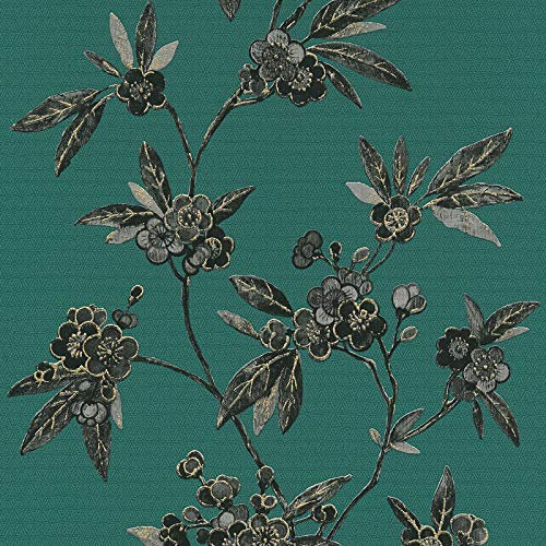 Florale Tapete in Petrol und Schwarz | Asiatische Tapete mit Blumen ideal für Schlafzimmer und Esszimmer | Kunstvolle Blumentapete mit Vinyl