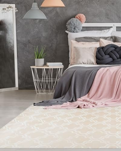 Qiyano Kifalme Teppich Beige 160 x 230 cm, Flauschiger Kurzflor Teppich Wohnzimmer & Schlafzimmer, 3D Optik, Marokkanisches Muster, Pflegeleicht, Florhöhe ca. 7 mm
