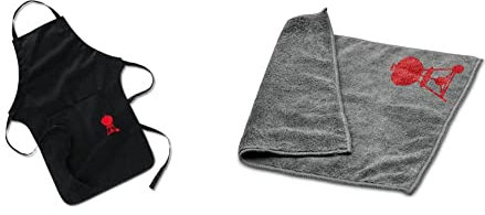 Weber 6474 Grillschürze, schwarz mit rotem Kettle Grill & 17689 Mikrofasertuch, Reinigung, polieren, grau, 25.0 x 6.0 x 9.0 cm