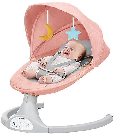 Bioby Elektrische Babywippe | Babyschaukel mit 5-Punkt-Gurt & 5 Schaukelmodi, Leicht & Sicher Wippe Baby Elektronisch mit Bluetooth-Musik & Fernbedienung, für 0-6 Monate (2-9 kg), Rosa