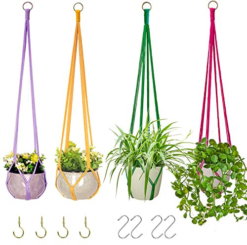 Howmax Hängepflanzgefäße für Pflanzen mit 6 Haken, handgefertigt, bunt, Baumwollseil, Hängepflanzenhalter, Innen- und Außenbereich, Boho-Raumdekoration, Deckendekoration, 4 Stück (4 Farben)