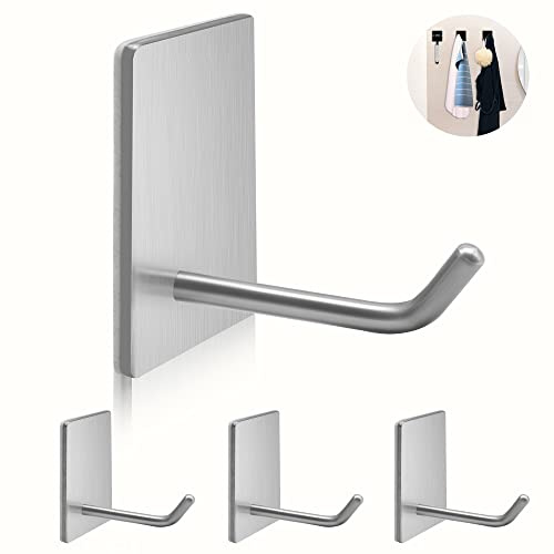 TONHTCAT Adhesive Hooks Heavy Duty, Long Stainless Steel Self Adhesive Wall Hook, Sticky Towel Hangers for Kitchen Bathroom, Waterproof Stick on Door Hooks for Hanging Key Hat Coat 4Packs