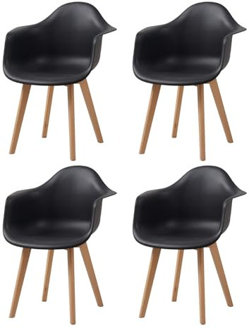 HJhomeheart Lot de 4 Chaises de Salle à Manger avec Accoudoirs, Fauteuil Design Moderne, Chaise de Cuisine Scandinave avec Pieds en Hêtre (Nero)
