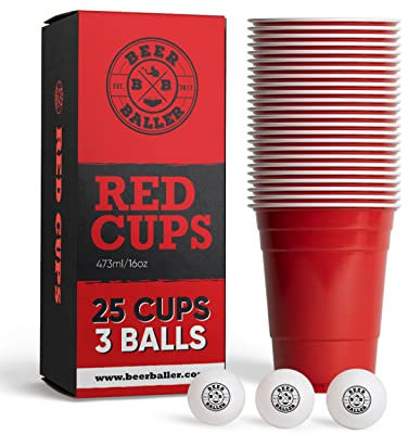 Party Becher Set - 25 Red Cups & 3 Bälle | spülmaschinenfest & wiederverwendbar | 473ml - 16oz Partybecher | rote Party Cups | Original American Party Becher