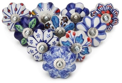 Craft Trade Dresser Knobs for Cabinets and Drawers - Ceramic Pull Handles for Kitchen Cupboard Wardrobe Decorative Furniture Hardware - Multicolor Blue - Pack of 10
