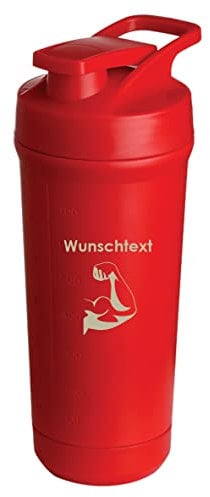 Teemando® individuell gravierter Premium Edelstahl Shaker mit deiner Wunschgravur 750ml, auslaufsicherer Deckel, Shaker-Ball, spülmaschinengeeignet für Proteinshakes, Fitness Diät Geschenk (Rot)