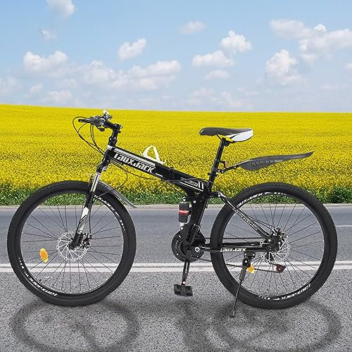 26 Inch Mountain Bike Bicycle 21 Speed with Fork Suspension Carbon Steel MTB Folding Bike Brake Discs Folding Disc Brakes Gear Folding Bike Front Suspension Fork