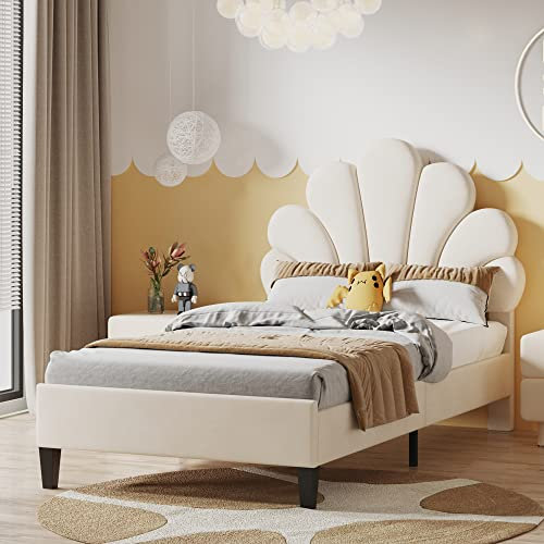 Merax Polsterbett 90 x 200 cm, Einzelbett mit Lattenrost, Gepolstertes Bettgestell mit verstellbares Kopfteil in Blumenform, Samtstoff, für Erwachsenen & Jugendbett, ohne Matratze, Beige