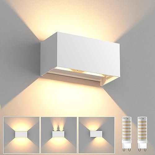 YrgePowk Wandleuchte mit Austauschbarer G9 LED Lamp, 18W 3000k Warmweiß Wandlampe IP65 Wasserdichte Aussenwandleuchte Auf und ab Einstellbarer Abstrahlwinkel Wandbeleuchtung(Weiß)