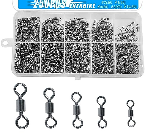 ENERHIKE 250pcs Barrel Swivel Fishing Stainless Steel Swivels Black Nickle Connector for Freshwater Saltwater Fishing Tackle Corrosion Resistance #2#4#6#8#10