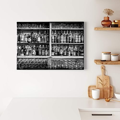 A.S. Création Leinwandbild Bar mit Flaschen Drinks Getränke - Kunstdruck schwarz weiß - 70x50 cm Querformat - moderne Wanddekoration Schlafzimmer Wohnzimmer Küche - Bild auf Keilrahmen