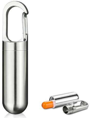 Conteneur de Médicaments en Acier Inoxydable, J21 Étanche Pilulier Portable Mini Bouteille de Capsules avec Porte-Clés pour l'Extérieur, Voyages Camping Randonnée Escalade Maison(64mm longue)