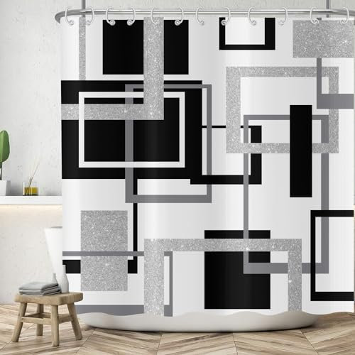 ASDCXZ Rideau de Douche Géométrie 180x200 cm, Moderne Noir Gris Argent géométrique irrégulier Lavables Textile Rideau de Bain imperméable pour Baignoire avec 12 Crochets