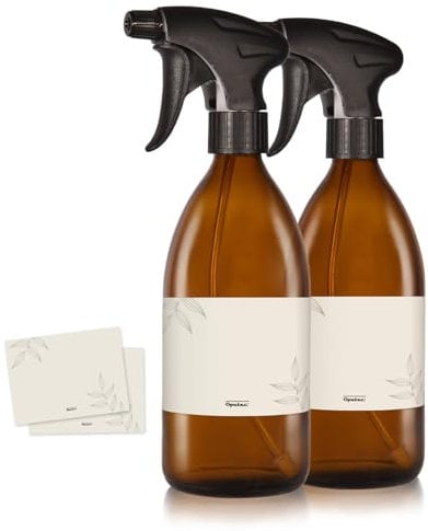 Oputec Lot de 2 flacons pulvérisateurs en verre de 500 ml à remplir avec tête de pulvérisation ergonomique + étiquettes - Vaporisateur d'eau vide pour plantes, fleurs, détergents, soins capillaires et