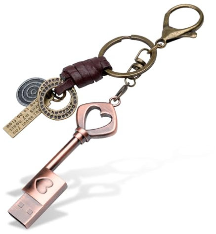 BorlterClamp USB-Stick, 16 GB, USB 2.0, Retro, Metall, Herzform, Schlüsselform, Daumenlaufwerk mit Schlüsselanhänger, für Hochzeit/Geschenk, Geburtstag/Abschlussgeschenk