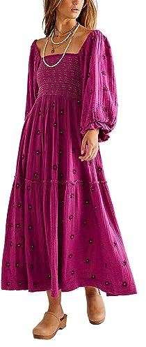 Qianderer Women's Flower Embroidered Maxi Dress Puff Sleeve Square Neck Swing Tiered Bohemian Flowy Dress Beach Long Dress (Ba Rose Purple, M)