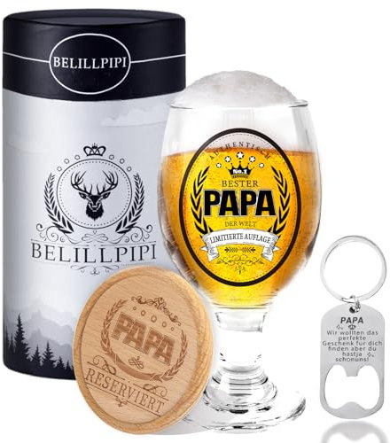 Belillpipi Cadeau de fête des pères pour papa, verre à bière avec gravure « Bester Papa, cadeau d'anniversaire de Noël pour papa, cadeau avec dessous de verre, décapsuleur »