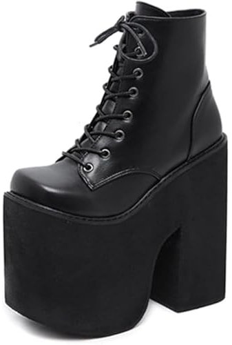 WEHAM Nero,43,Stivali da donna con plateau grossi neri Goth, stivali da combattimento alla caviglia con lacci gotici da 17 cm, scarpe con plateau cosplay con tacco alto punk