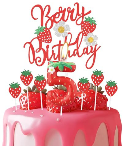 Erdbeere 5 Geburtstagskerzen, rote Erdbeere Nummer 5 Kerze für Kuchen, rote Beere Geburtstagskuchenaufsätze mit weißen Blumen, Erdbeer Themen für Mädchen und Jungen 5th Geburtstag Dekorationen