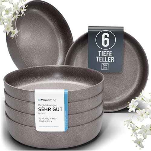 Steingut Suppenteller 6 Pers. Hochwertiges Urban Style TEST SEHR GUT Tiefe Teller Set- Kratzfest, Für Spülmaschine, Mikrowelle - Pasta Teller Tief Groß - Pure Living Geschirr in matt Grau-braun