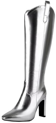 HSyc JRX Stivali alti da donna con tacco alto al ginocchio con tacco alto da 10 cm, argento, 36.5 EU
