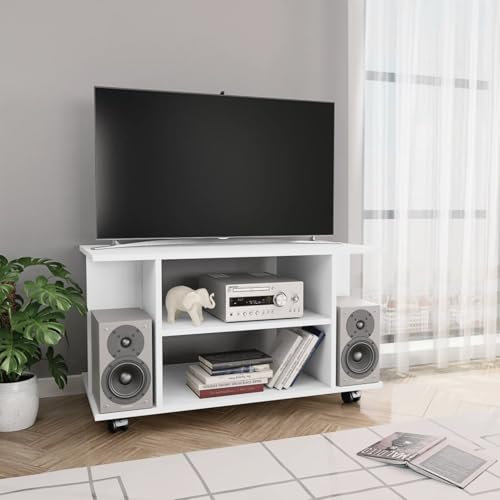 Homgoday Mueble TV con ruedas blanco 80 x 40 x 45 cm de madera multicapa, mesa para TV, mueble para TV salón, mueble bajo para TV de salón industrial soporte TV