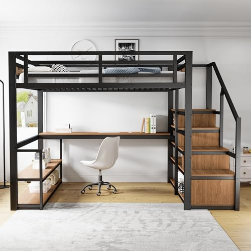 Letto a soppalco in metallo 140 x 200 con scala portaoggetti con ripiani e tavolo, design di recinzione di sicurezza con pannelli in metallo impiallacciato, letto alto in ferro con telaio in metallo