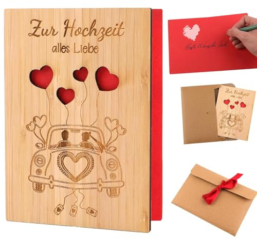 KEUGT Hochzeitskarte Holz mit Umschlag, 15x11cm, 3D Herz-Liebesbriefkarte