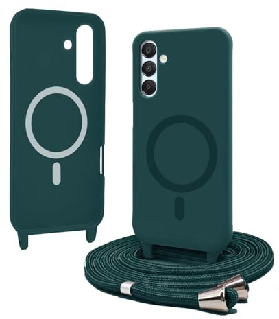 Bigcousin Coque Magnétique pour Samsung Galaxy A15 avec Cordon,[Compatible avec MagSafe],Silicone avec Collier Case Portable Cover,Réglable Collier Lanyard Case,Vert foncé