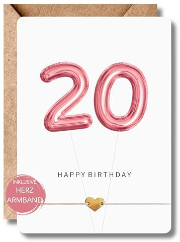 LeniSch Geburtstagskarte 20 inkl. Herz Armband 18K vergoldet | Happy Birthday Karte mit Zahlen Luftballons