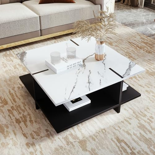 Twinice Couchtisch, Wohnzimmertisch, Kaffeetisch, Tisch Wohnzimmer, mit Offenes Fach, Quadratischer, Weiße Marmoroptik, 72 x 72 cm, für Wohnzimmer und Büro
