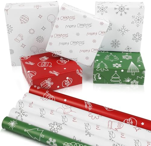 WRAP STORM Weihnachtsgeschenkpapier – 5 Rollen (je 43 x 300 cm) – Designs mit Weihnachtsmann, Tannenbäumen, Schneeflocken & Kugeln – Geschenkverpackung für Weihnachten & Feiertage