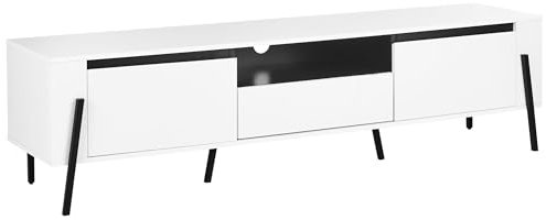 Meuble TV Pieds Métalliques Noirs avec Armoires et Tiroir de Rangement Blanc Blackpool