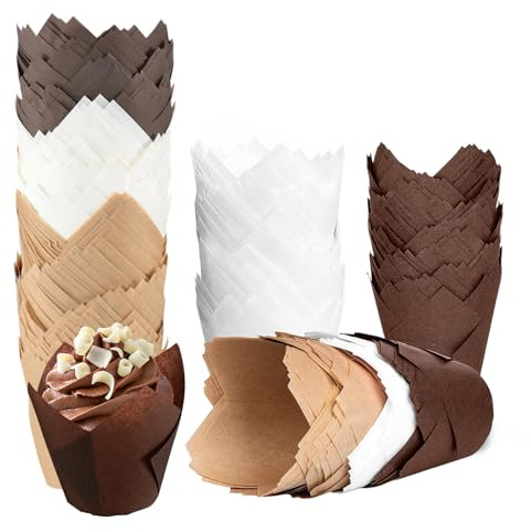 200 Pezzi Pirottini per Muffin Carta Tulipano,Dimensioni Standard, Naturale & Non Sbiancata, Pirottini per Muffin per Matrimoni/Feste/Natale/Compleanni/Pasticeria (A)