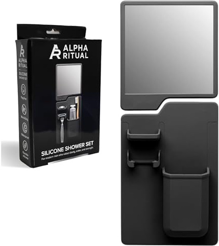 Alpha Ritual Duschspiegel zum Rasieren mit Zahnbürsten & Rasiererhalter – Silikon Dusch-Organizer für Bad & Dusche – Bruchsicherer Rasierspiegel - starker Halt mit Silikon-Grip-Technologie