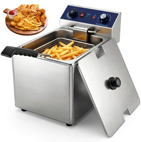 Catering Elektrische Fritteuse für Restaurant, 16L 3500W Edelstahl Großraum-Küchen-Fritteuse mit Korb und Deckel, Zeitschalter Temperaturkontrolle 60-200°C Schnelles Erhitzen für Heim und Gewerbe