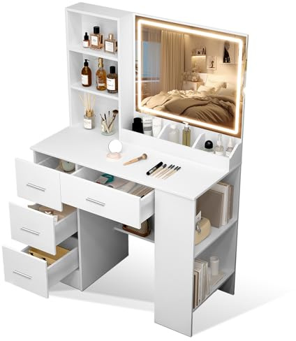 Vescence Großer Schminktisch mit Spiegel und Beleuchtung, 4 Schubladen, 3 Ablageflächen und Seitenschrank, LED-beleuchteter Spiegel mit 3 Farbmodi für Frauen und Mädchen, Schlafzimmer, Weiß 90 cm