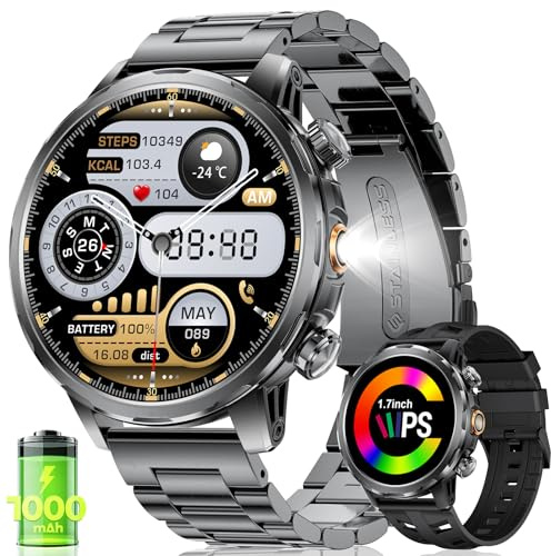 BENYAR Reloj Inteligente Hombre con 1000mAh/Linterna/1.7'' HD Grande Smartwatch con Llamadas/Doble Carga/IP68 Impermeable/100+ Modos Deportivos/SpO2/Pulsómetro/Sueño/Pulsera Actividad Android iOS
