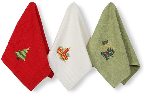 LAYNENBURG 3er-Set Gästehandtücher Weihnachten 30 × 50 cm – 100 % Baumwolle - weihnachtliches Design – kleine Frottee Xmas Handtücher klein für Gäste-WC (Baum)