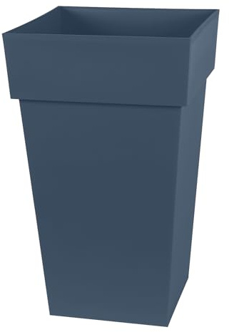 EDA - Pot de Fleur Carré Haut Toscane - 62 L - Intérieur & Extérieur - Zone de rétention d'eau pour Limiter l'Arrosage - Plastique Recyclé - 39 x 39 x H. 65 cm - Bleu Jean