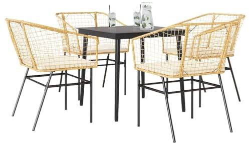 Hoopleep Ensemble de jardin 5 pièces avec coussins en polyrotin et verre marron, 80 x 80 x 74 cm, meubles d'extérieur pour terrasse, salle à manger